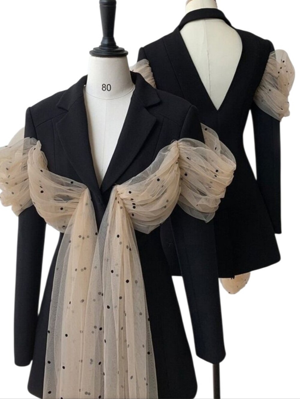 Nwot Avante-Garde Black Open Back Longsleeve Blazer w Peachy Tan Blk Dot Tulle